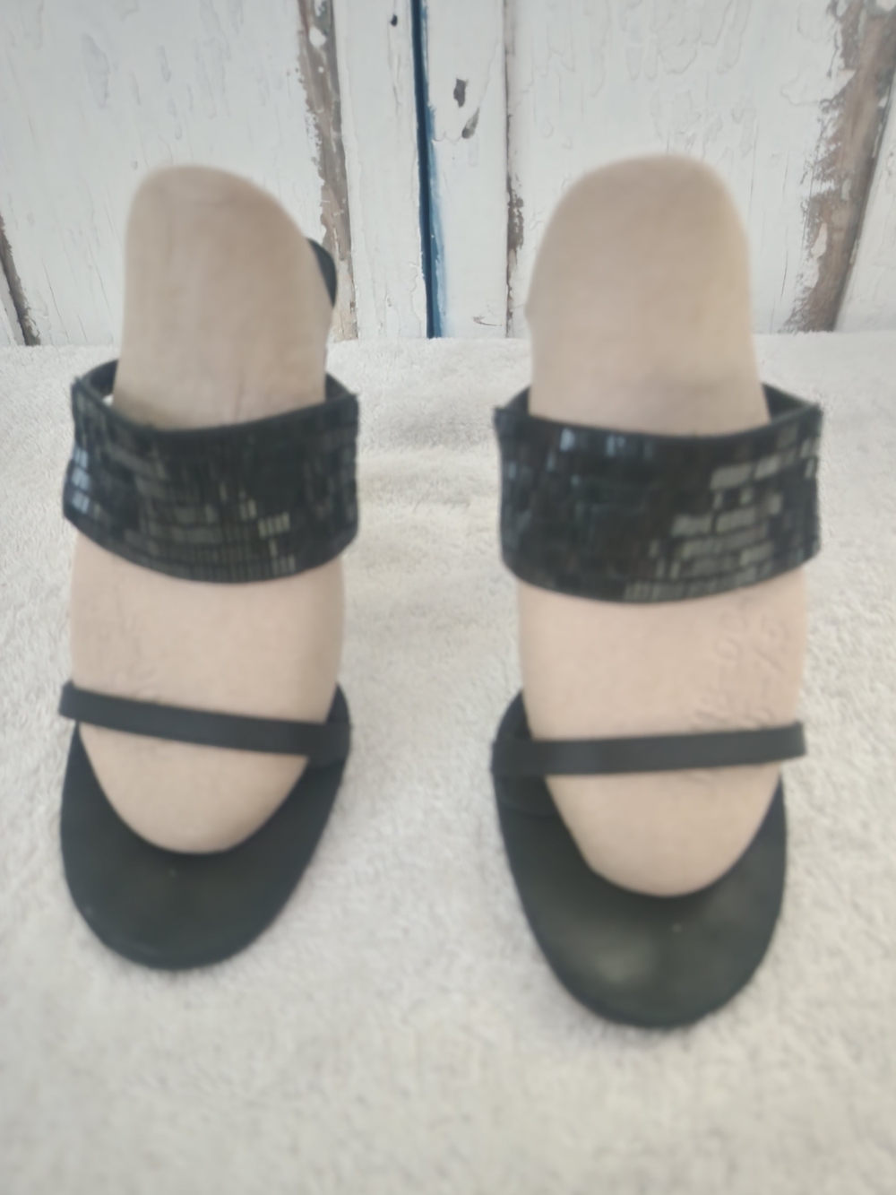 Gucci Women's Black Strappy High Heel Sandals with Beaded Strap.